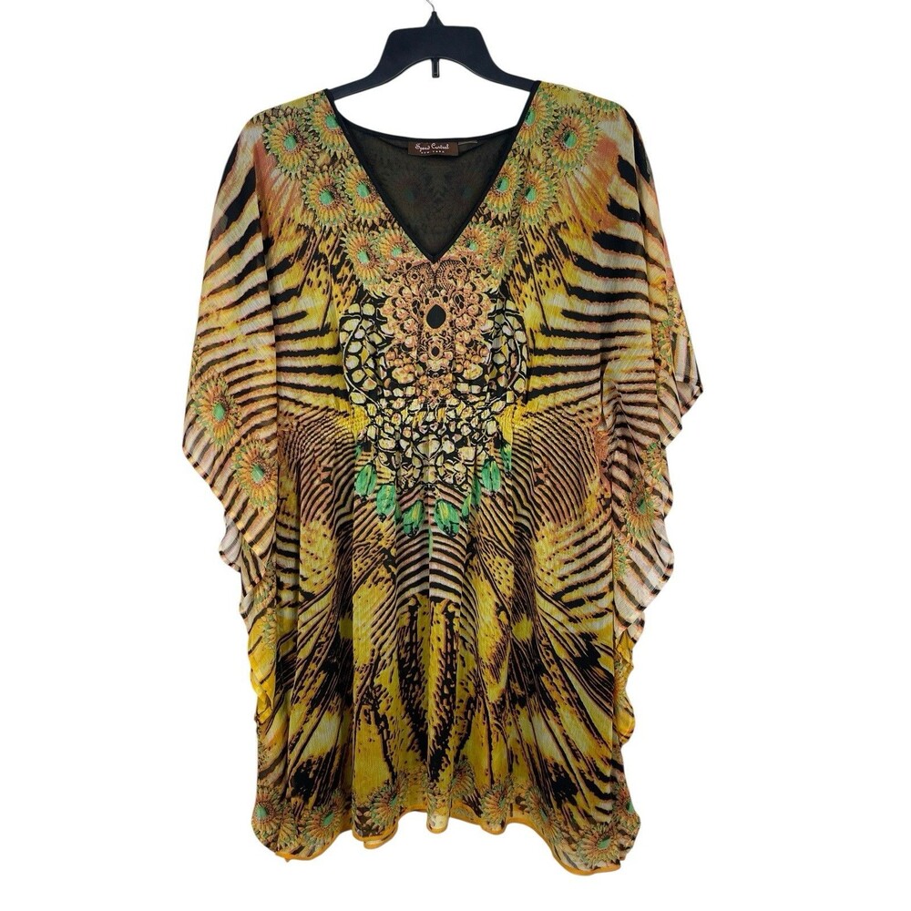 Speed Control Sheer Kaftan Tunic Top Yellow Animal Print V-Neck Boho Flowy 2X